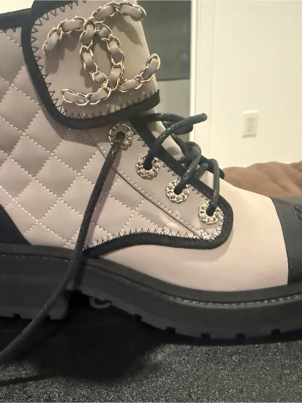 Chanel Two-Tone Quilted Lace-Up Ankle Boot in Grey and Black